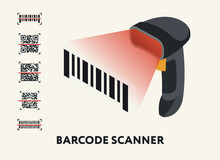 Isometric Barcode QR Code Scanner Reader. Set Of QR Codes. Flat Vector Icon.