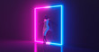 © shacil - 3D rendering. A mannequin girl of dark glossy material, dressed in bright glossy clothes, leaning against a wall in the interior of a luminous square frame, on a flat surface.
