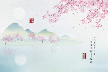 Wall Mural - Chinese ink painting art background plant elegant landscape view of flower tree mountain and tranquil lake. Chinese translation : Plant and Blessing.