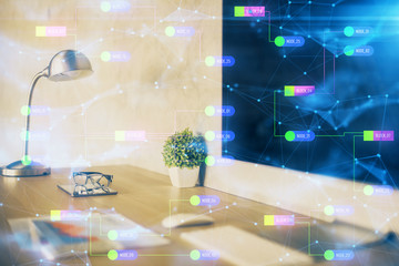 double exposure of desktop computer and technology theme hologram. concept of software development.