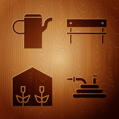 Wall Mural - Set Garden hose or fire hose, Watering can, Home greenhouse and plants and Bench on wooden background. Vector