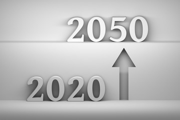 Future concept illustration with transition from year 2020 to 2050 and bold arrow showing up to 2050 year. 3d illustration.