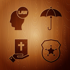 Poster - Set Police badge, Head with law, Oath on the Holy Bible and Umbrella on wooden background. Vector