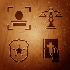 Poster - Set Oath on the Holy Bible, Face recognition, Police badge and Scales of justice on wooden background. Vector