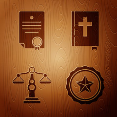 Sticker - Set Police badge, Certificate template, Scales of justice and Holy bible book on wooden background. Vector