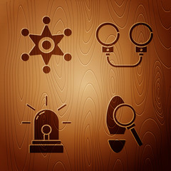 Poster - Set Magnifying glass with footsteps, Hexagram sheriff, Flasher siren and Handcuffs on wooden background. Vector