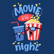 Flat illustration with cartoon movie popcorn and soda. Cartoon popcorn striped bucket with plastic cup of soda. Vector cinema time background. Isolated movie snack objects. Cinema drink and food