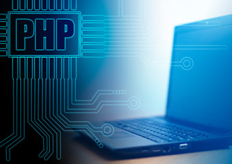 php logo next to a laptop. the lines emit a computer board. concept - php coding. concept - freelanc