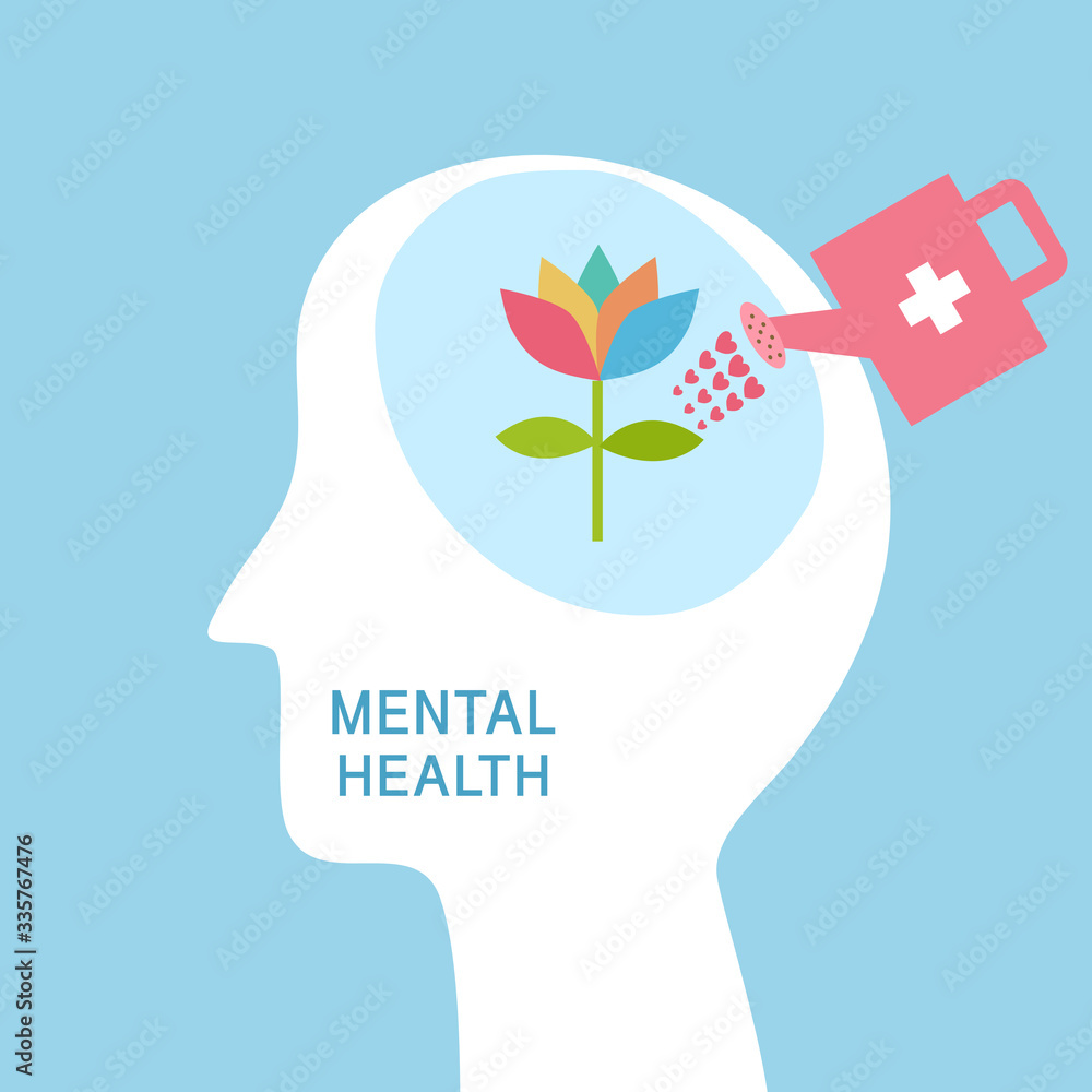 Mental health concept vector illustration. World mental health day. Flower plant growing in brain flat design. Brain and mind care. - obrazy, fototapety, plakaty 
