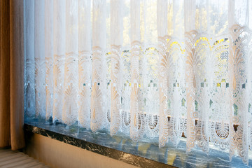 Wall Mural - window with old vintage white see through curtain. antique design. Marble window sill