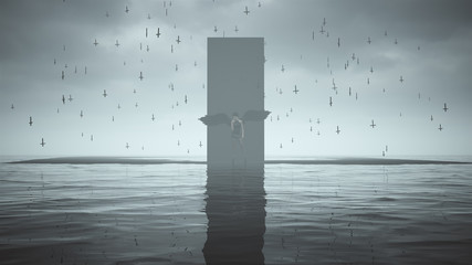 Wall Mural - Mysterious Black Obelisk and Dark Angel Woman on Black Sand Surrounded by Water and Floating Upside Down Crosses 3d illustration 3d render  