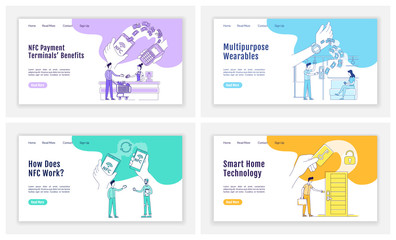 Wall Mural - nfc tech landing page flat silhouette vector templates set. contactless payments homepage layout. sm