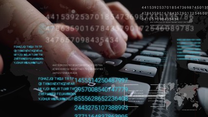man working on laptop computer keyboard with graphic user interface gui hologram showing concepts of