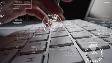 Wall Mural - man working on laptop computer keyboard with graphic user interface gui hologram showing concepts of