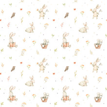 Watercolor Seamless Pattern With Cute Bunnies, Mouse, Bird And Floral Elements. Spring Collection. Perfect For Kids Textile, Fabric, Wrapping Paper, Linens, Wallpaper Etc
