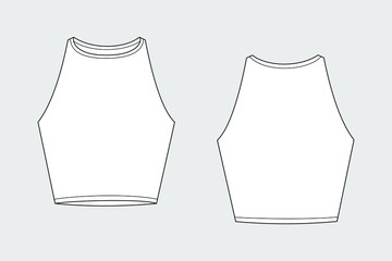 Wall Mural - Female crop top vector template isolated on a grey background. Front and back view. Outline fashion technical sketch of clothes model.