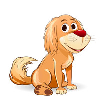 Cute Cartoon Dog On A White Background. Sitting Dog. Brown Mongrel On A White Background. Dog With A Red Nose