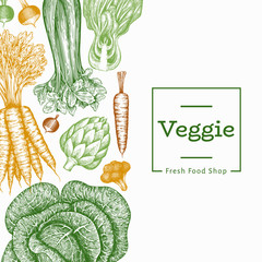 Hand drawn sketch vegetables design. Organic fresh food vector banner template. Retro vegetable background. Engraved style botanical illustrations.