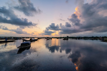 Boats In Tam Giang Lagoon In Sunrise In Hue, Vietnam
