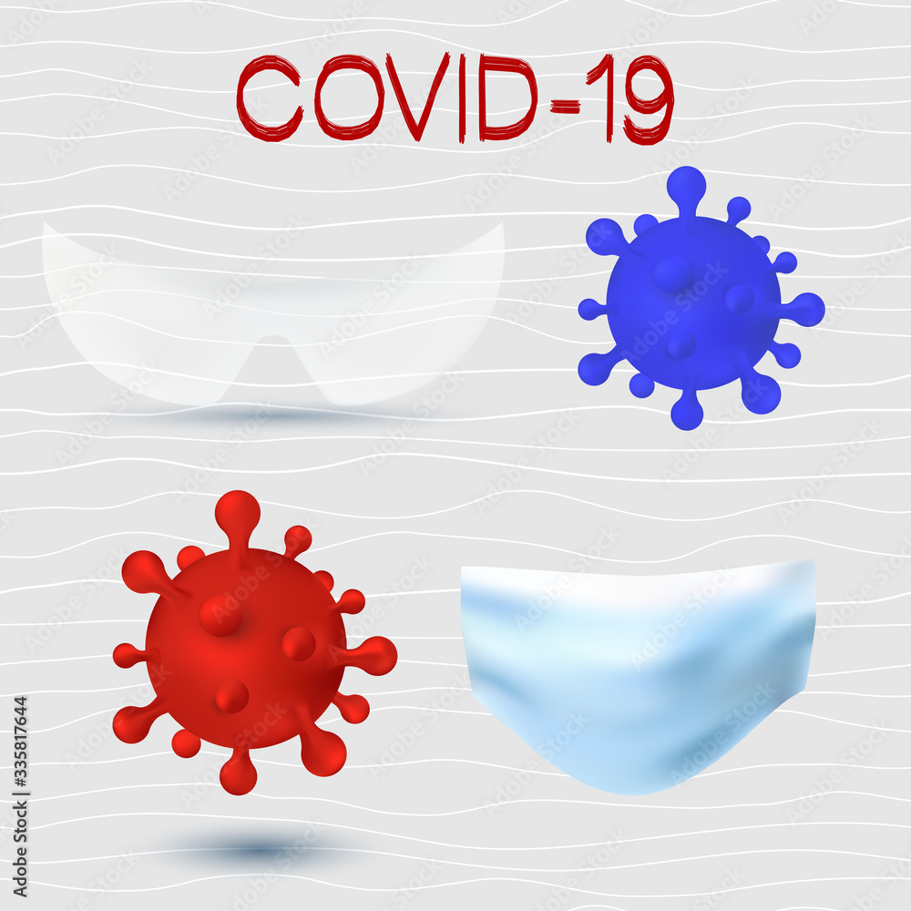 Realistic 3d Medical protective face mask,  Medical glasses, red and blue virus cells isolated. Covid 19 - NCP, RNA virus
