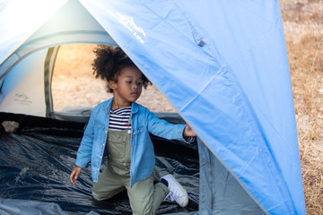 kids summer camp and advanture concept. children's tourism camping travel. camp in the tent. two kid