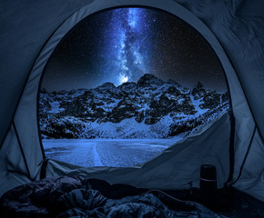 View from tent to Morskie Oko at night in winter