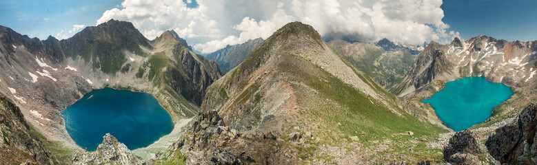 Karachay-Cherkessia, Teberda reserve, Dombay, Murawinski lake. Large panorama with views of two mountain lakes in the protected area. High resolution. Beautiful lakes in natural light.