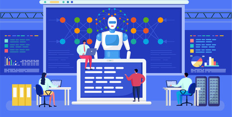 Artificial intelligence, neural network vector illustration. Cartoon flat tiny people networking, developer characters working with robot on big computer screen. Futuristic ai technology background