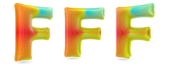 Sticker - Capital letter F. Uppercase. Inflatable multicolor balloon on background. 3D