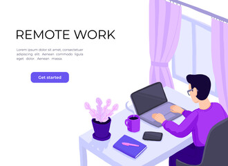 man Working at Home Office. Character Sitting at Desk in Room, Looking at Computer Screen. Home Office Concept. Flat Isometric Vector Illustration.