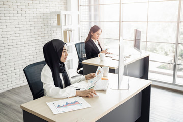 Wall Mural - multiethnic asian female muslim workers working in office as team using computer to strategize and planning work, concept of diversity of culture different race type of people co-working together