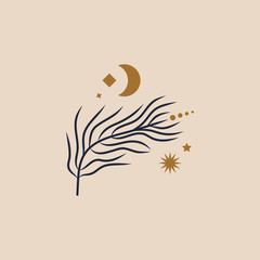 Tiny floral branch and crescent Moon in vector. Good for logo or label.