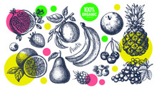 Berries And Fruit Big Set. Hand Drawing. Vintage. Black And White. Vector.