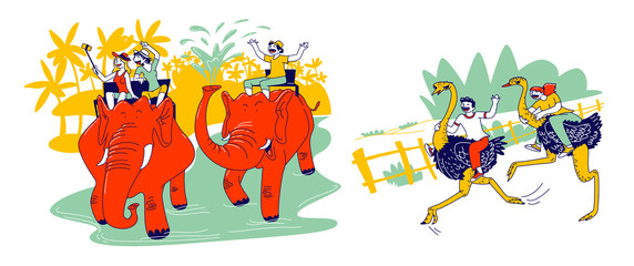 Happy Male and Female Tourists Characters Riding on Elephant and Ostriches Making Selfie and Having Fun in Exotic Country. Summertime Vacation, Travel and Holidays. Linear People Vector Illustration