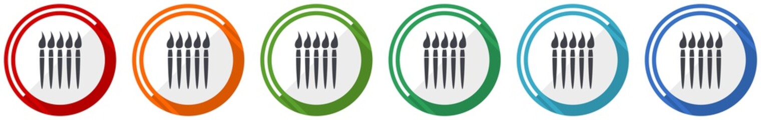 Leinwandbilder - Paint brush icon set, art, paintbrush flat design vector illustration in 6 colors options for webdesign and mobile applications