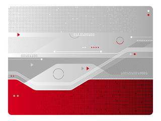 Red and metallic abstract technology background with lines, arrows, binary code and various futuristic shapes.
