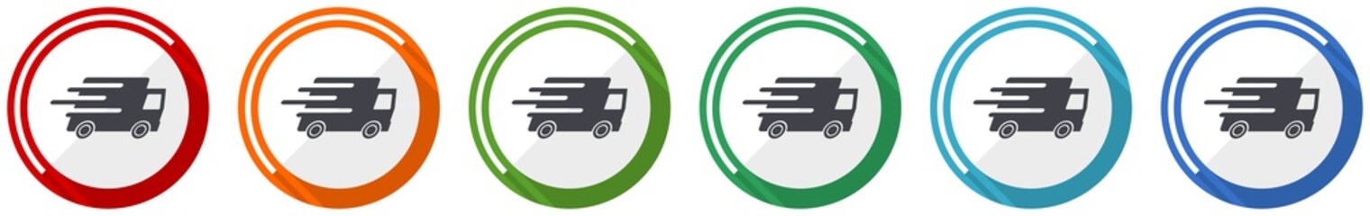 Fototapete - Speed transport icon set, fast delivery, truck flat design vector illustration in 6 colors options for webdesign and mobile applications