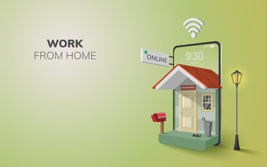 digital online work from home internet application on phone, mobile website background. social dista