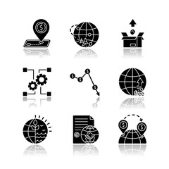 Poster - Global trade, export and investments drop shadow black glyph icons set. Taxes and non-tariff barriers, international agreements and goods delivery. Isolated vector illustrations on white space