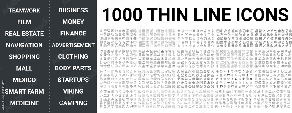 Big set of 1000 thin line icon. Teamwork, film, real estate, navigation, maps, shopping, mall, mexico, smart farm, medicine, health, business, money, finance, ads, clothing, body parts icons, ui pack - obrazy, fototapety, plakaty 