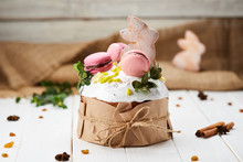 Easter Bunny Cake On White Wooden Background, Traditional Kulich, Paska  Ready For Celebration