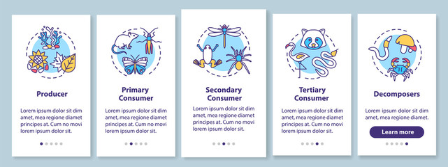 Grazing food chain onboarding mobile app page screen with concepts. Biological energy transferring process walkthrough 5 steps graphic instructions. UI vector template with RGB color illustrations