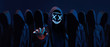 Hackers army. Dangerous hooded group of hackers. Internet, cyber crime, cyber attack, system breaking and malware concept. Dark face. Anonymous.