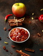 Homemade apple and chilli chutney with spices on dark background