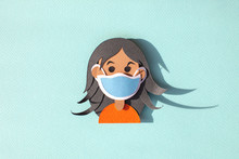 Paper Art Girl In A Face Mask Protective For Spreading Of Virus. Handmade Flat Illustration. Paper Cutting. Woman With Gray Hair. 