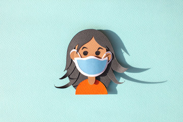 Paper art girl in a face mask protective for spreading of virus. Handmade flat illustration. Paper cutting. Woman with gray hair. 