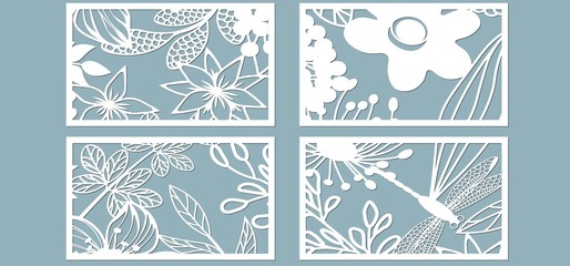 Wall Mural - Set template for laser cutting and Plotter. Flowers, leaves for decoration. Vector illustration. Sticker set. Pattern for the laser cut, serigraphy, plotter and screen printing.