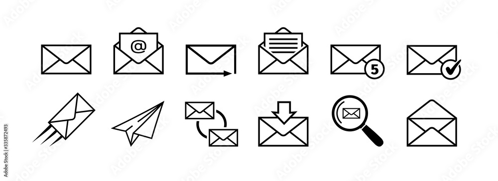 Mail icon set. Mail delivery symbols. Letter in envelope. Set of email signs in flat style. Sending message icon collection isolated on white Vector illustration for graphic design, logo, Web, UI, app - obrazy, fototapety, plakaty 