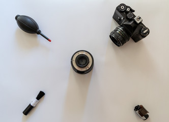 Vintage Film Camera, Digital Camera And Accessories On White Background Technology Development Concept. Top View