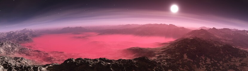 Wall Mural - Beautiful alien landscape, panorama of the surface of a fantasy planet, unknown world in space, Martian chronicles, 3D rendering